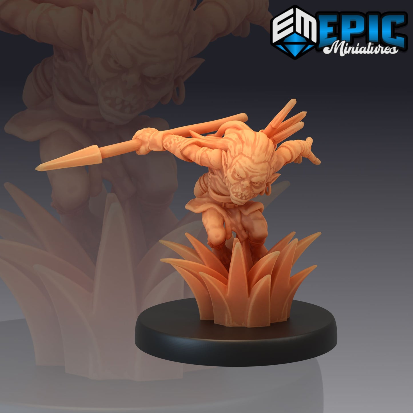 A goblin scout miniature, depicted crouching on a spiked terrain with a spear, ready to strike.