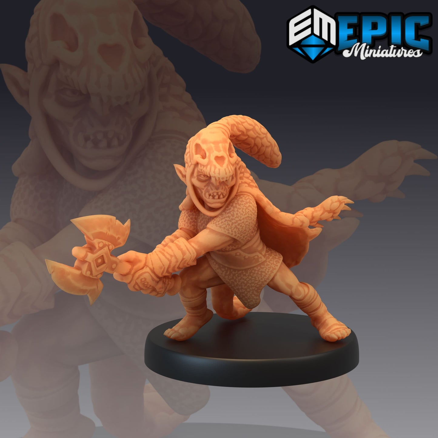 A goblin warrior miniature wielding a dual-bladed axe, posed mid-action with a fierce stance.