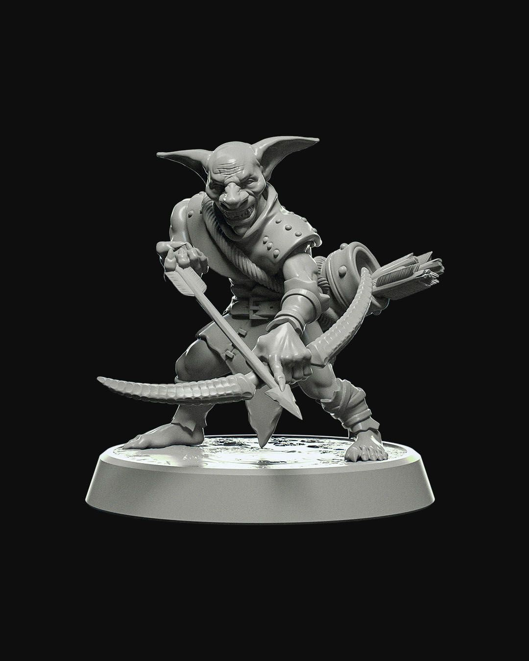 Goblin Archer miniature with a crossbow, in a crouched attack stance, wearing leather armor with a quiver of arrows on his back.