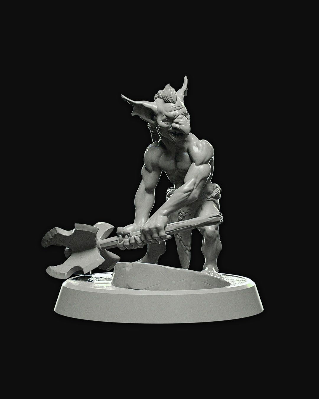 Goblin Barbarian miniature in a battle stance, gripping a double-headed axe with both hands, wearing minimal leather armor.