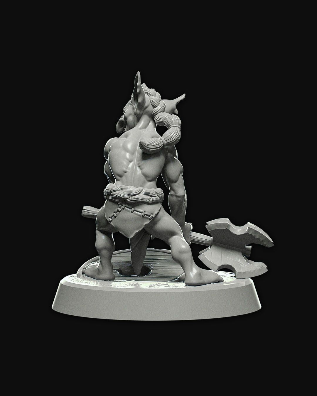 Rear view of the Goblin Barbarian miniature, showing detailed musculature and a braided belt, holding a double-headed axe.