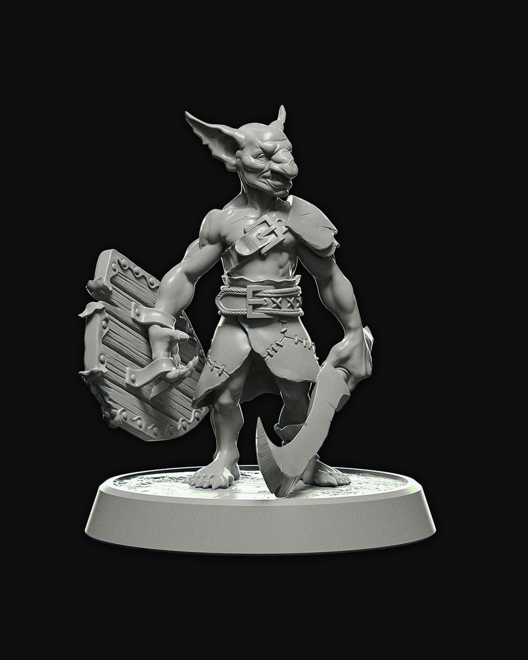 Goblin Fighter miniature holding a jagged sword and rugged shield, standing in a battle-ready pose, perfect for tabletop RPGs like D&D and Pathfinder.