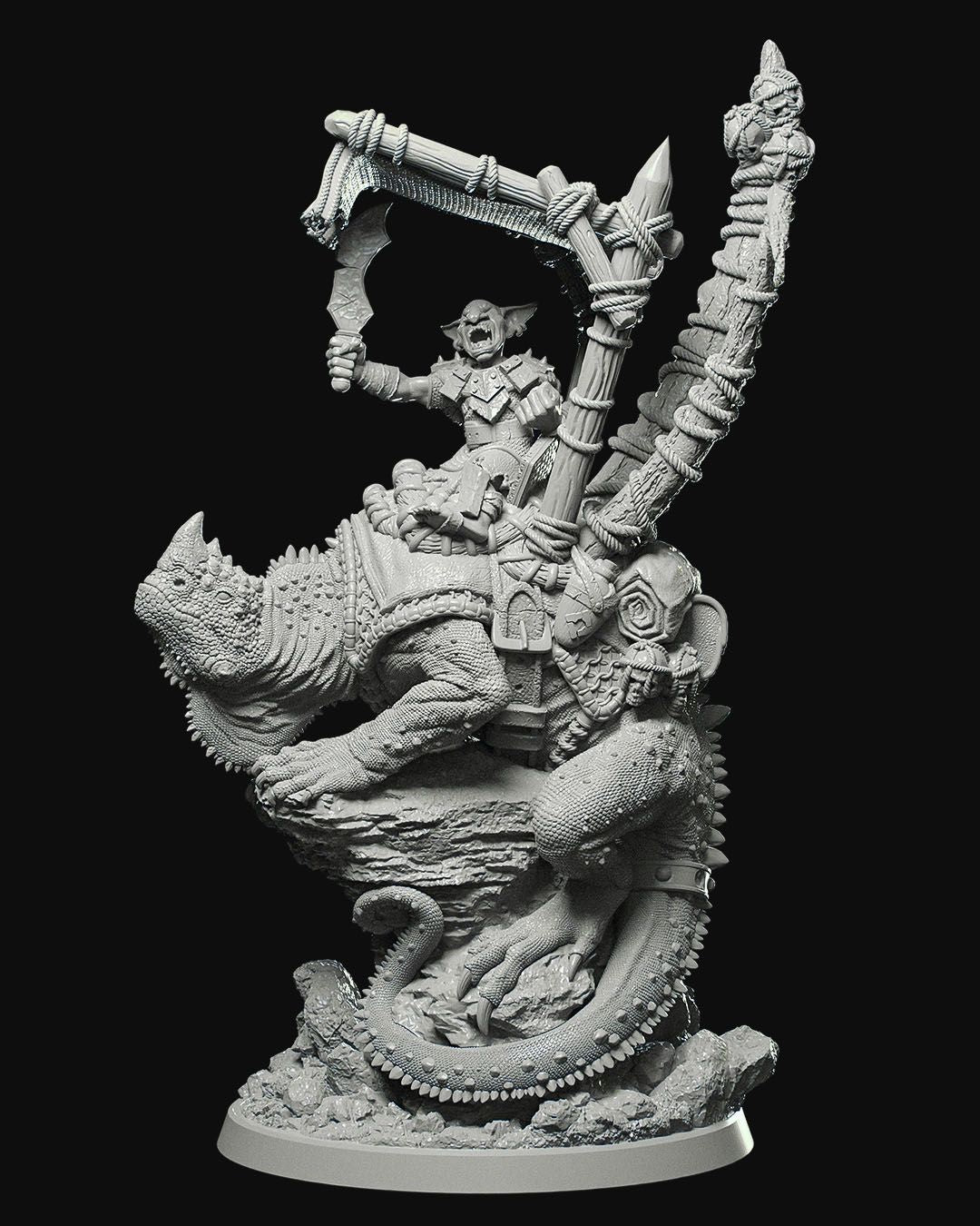 3D miniature of a goblin warrior riding a large reptilian creature, holding a jagged blade, adorned with ropes, shields, and a rugged saddle, ready for tabletop RPG adventures.