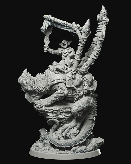 3D miniature of a goblin warrior riding a large reptilian creature, holding a jagged blade, adorned with ropes, shields, and a rugged saddle, ready for tabletop RPG adventures.