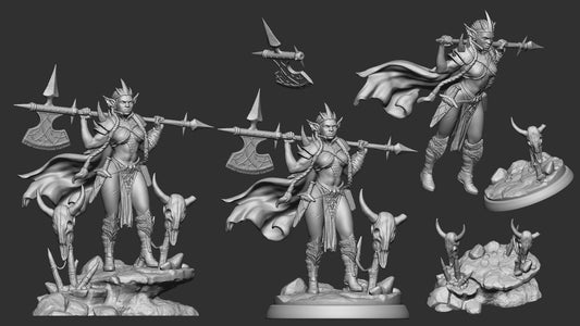 Goblin Queen miniature assembly parts showing halberd, armor, and skull details