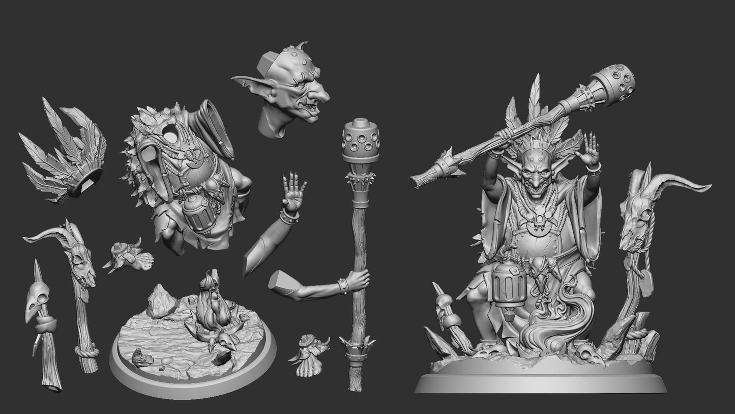 Goblin Shaman large scale miniature male goblin caster with staff and skulls