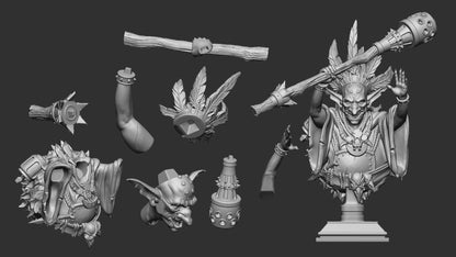 Goblin Shaman bust male goblin spellcaster with staff feathers and plinth