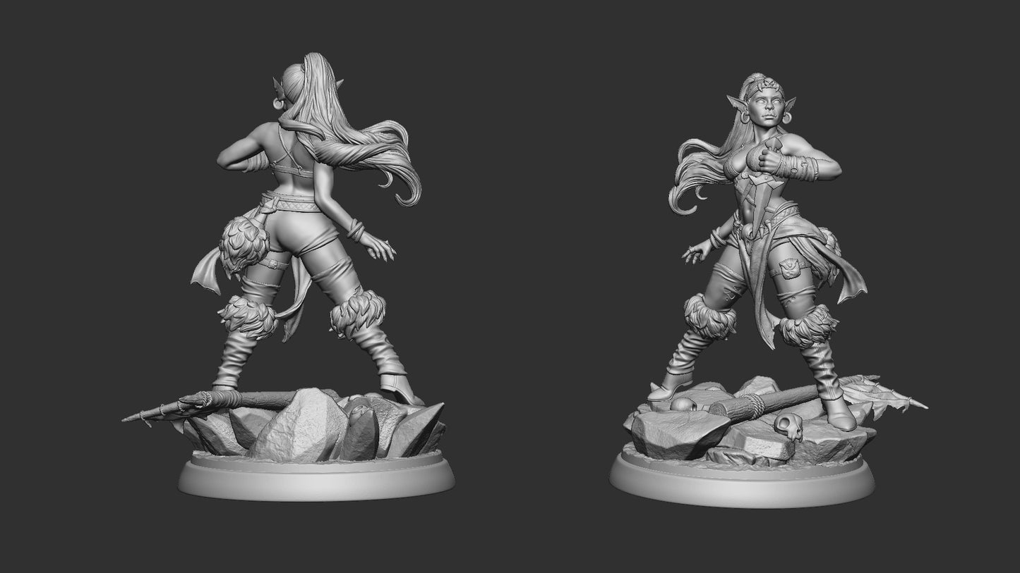Goblin Thief miniature front and back poses – female goblin rogue standing on rocky base with weapon, ideal for fantasy tabletop adventures.
