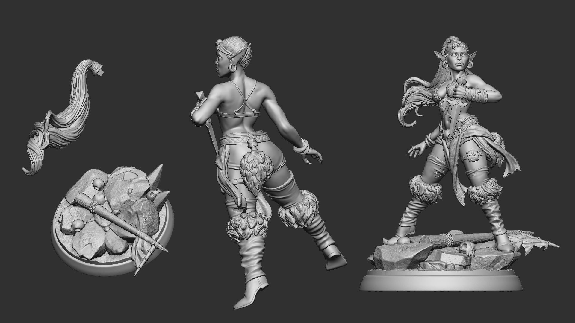female goblin rogue standing on rocky base with dagger raised, fantasy TTRPG figure for Dungeons & Dragons or Pathfinder.