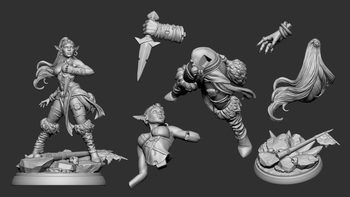 Goblin Thief miniature parts layout – disassembled model showing dagger, hair, arms, and base pieces for assembly, TTRPG miniature kit.