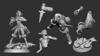 Goblin Thief miniature parts layout – disassembled model showing dagger, hair, arms, and base pieces for assembly, TTRPG miniature kit.