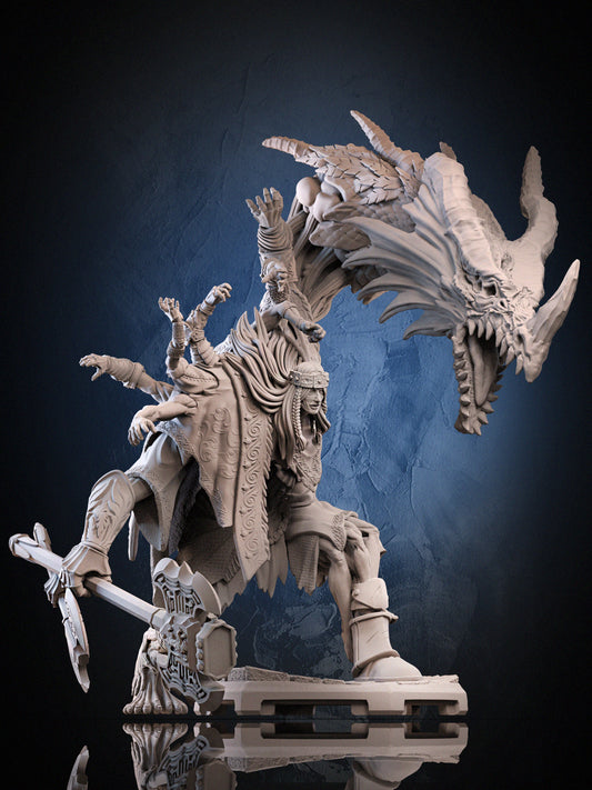 Godrick the Grafted full miniature, posed with ornate axe and dragon head weapon, depicting his grotesque grafted form from Elden Ring.