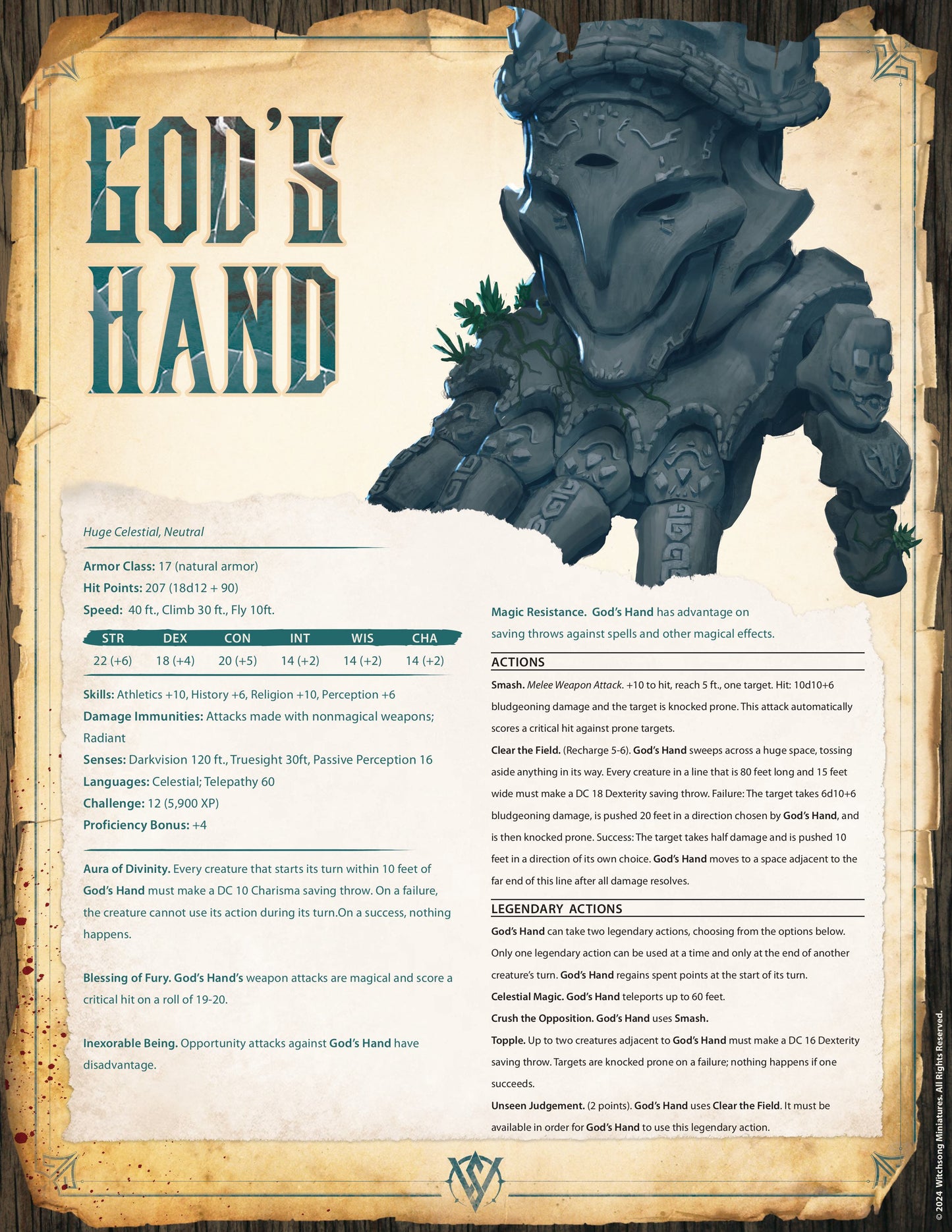 A parchment-style DnD stat block image of God's Hand, a huge celestial hand-shaped construct with divine abilities and legendary actions.