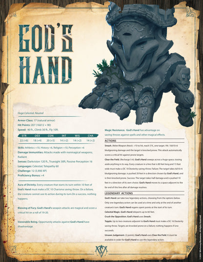 A parchment-style DnD stat block image of God's Hand, a huge celestial hand-shaped construct with divine abilities and legendary actions.