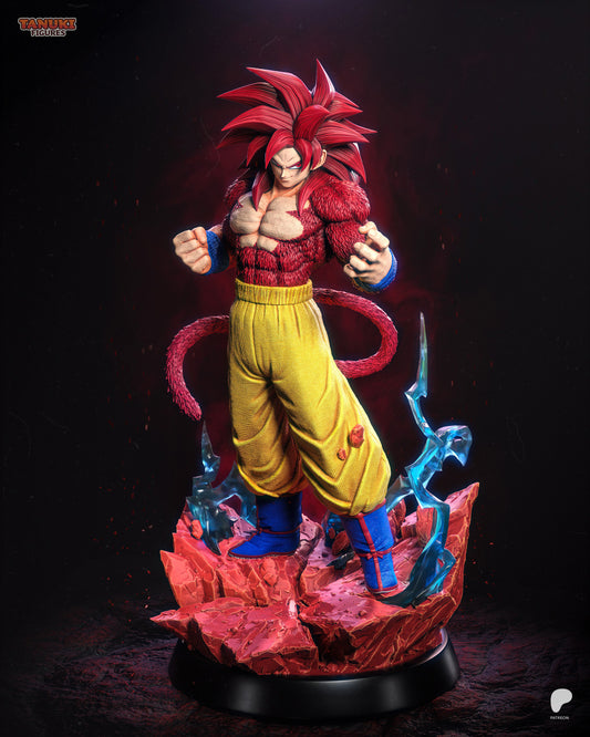 Full painted figure of SSJ4 Goku standing on red rocky terrain with electric energy rising from the base.