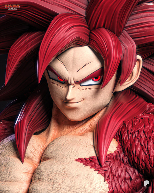 Close-up of SSJ4 Goku’s smirking face, red eyes, and detailed red fur, highlighting the GT transformation.