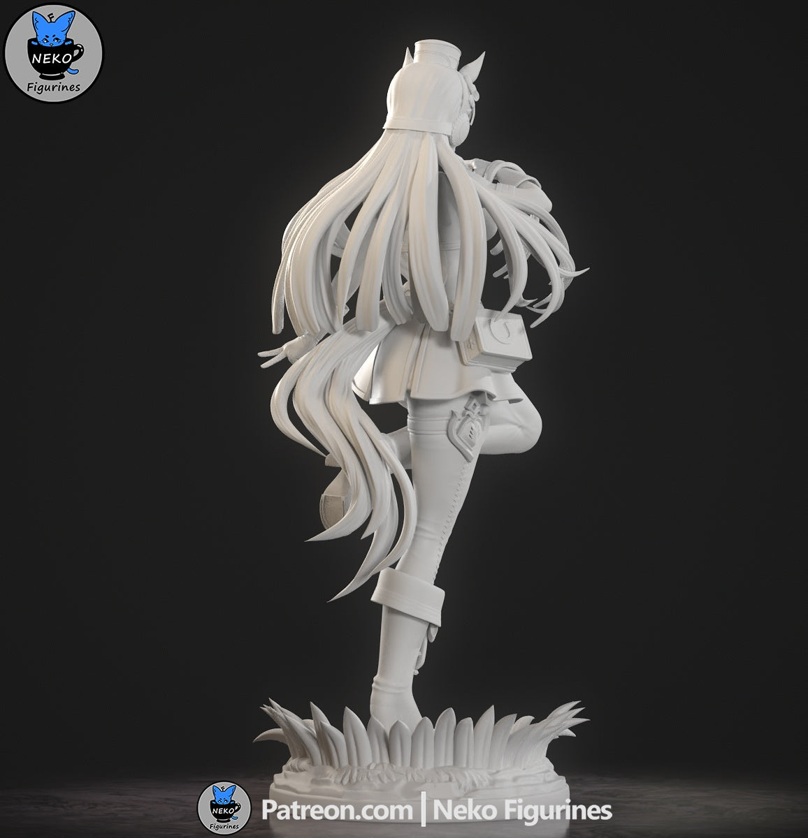 Gold Ship Umamusume 1:7 scale figure back view, showing long ponytail and horse ears in anime statue design
