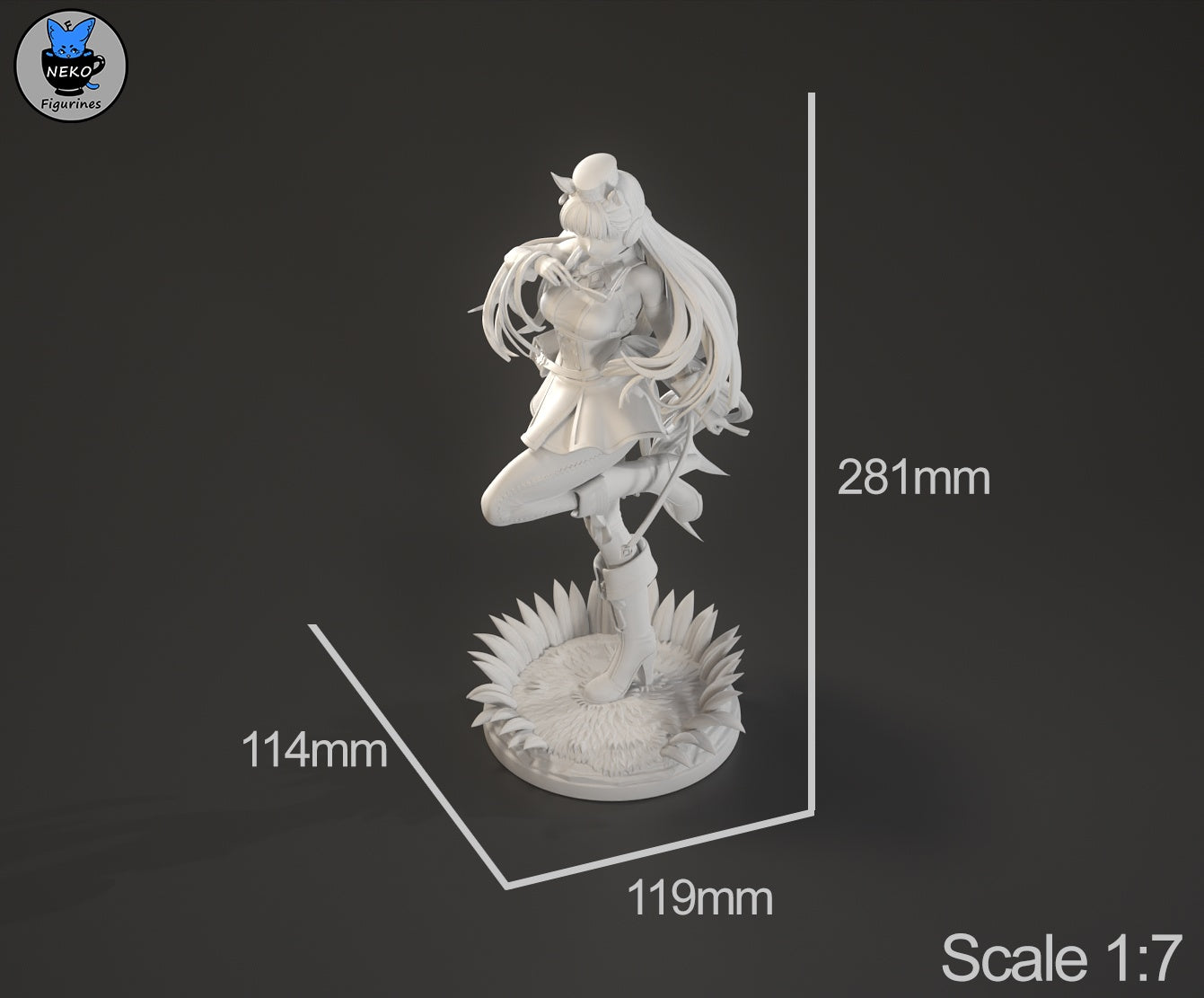Gold Ship Umamusume figure measurements image, 281mm tall 1:7 scale collectible for display