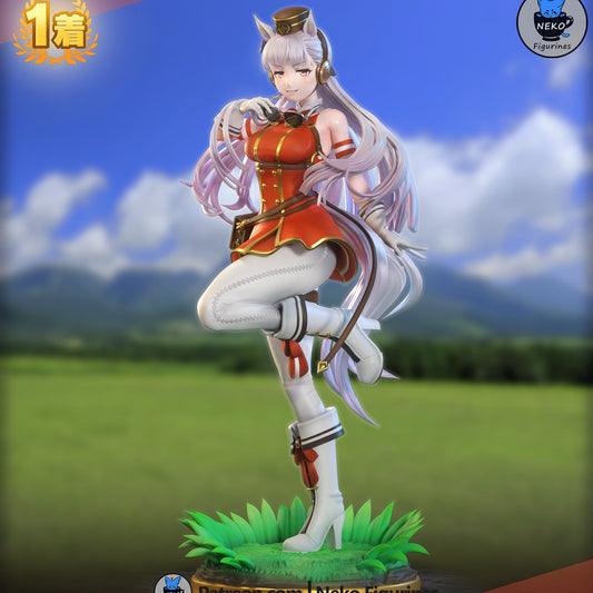 Gold Ship Umamusume painted figure, anime collectible in red racing outfit with confident pose on grassy base