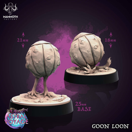 Goon Loon miniature depicting a spherical creature covered in small eyes, supported by thin tendril-like legs, standing on a 25mm base for tabletop RPG encounters.