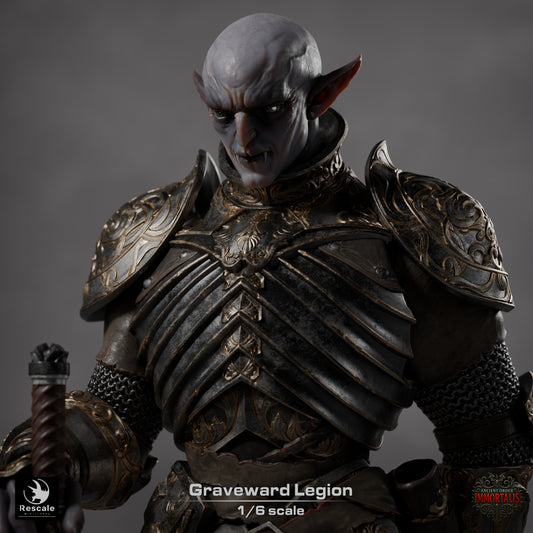 Graveward Legion Soldier 1:6 scale collectible statue close-up showing undead knight features, ornate layered armor, and sword hilt; detailed fantasy display figure inspired by TTRPG undead knights.