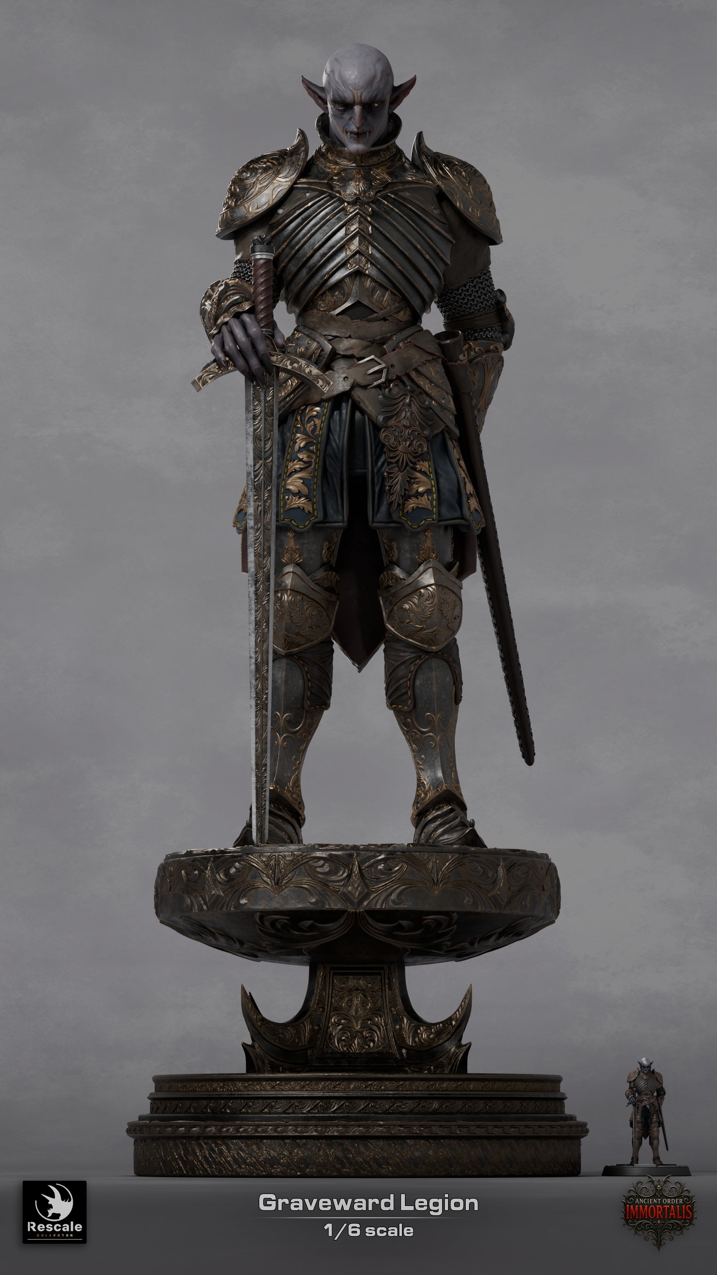 Graveward Legion Soldier 1:6 scale collectible statue full-body view with long sword, ornate armor, and decorative pedestal; high-detail fantasy display piece based on TTRPG undead knight aesthetics.