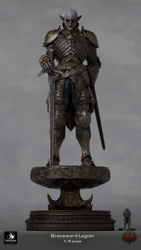 Graveward Legion Soldier 1:6 scale collectible statue full-body view with long sword, ornate armor, and decorative pedestal; high-detail fantasy display piece based on TTRPG undead knight aesthetics.