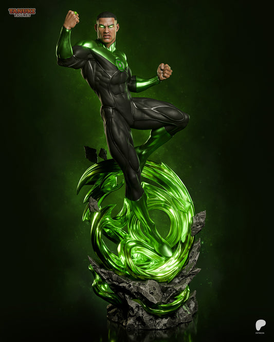 Full figure of Green Lantern John Stewart levitating on a swirling green energy base, with glowing eyes and clenched fists.
