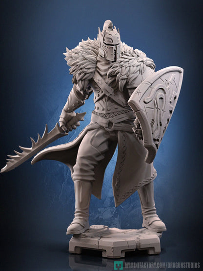 A heroic figure of Griff the Knight, clad in heavy armor with a fur-lined cloak. The knight holds a large, ornate shield in one hand and a jagged sword in the other. The intricate armor detailing and strong pose convey a sense of readiness and valor, standing on a stone base.