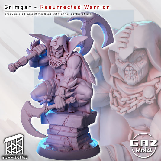 Grimgar resurrected warrior Spawn inspired undead antihero miniature crouched on stone pedestal with massive scythe dark fantasy sci fi
