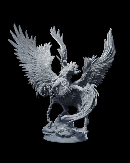 Griffon miniature with wide wings, chained, posed in a dynamic stance on a stone base.