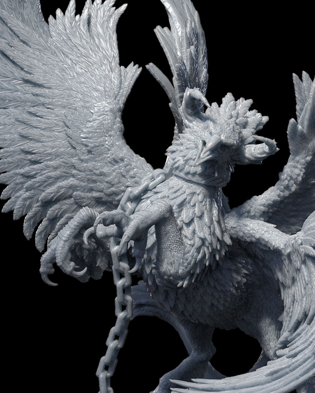 Close-up view of the griffon miniature, focusing on its detailed feathers, claws, and chained appearance.