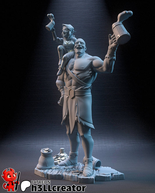  Front view of full Grog and Pike miniature unpainted, showing Pike perched on Grog’s shoulder and both holding up mugs, with tankards and coins on the base.