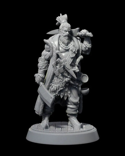 Grub, pirate cook and human swashbuckler, carrying cooking tools and weapons, standing in a confident stance on a wooden base.