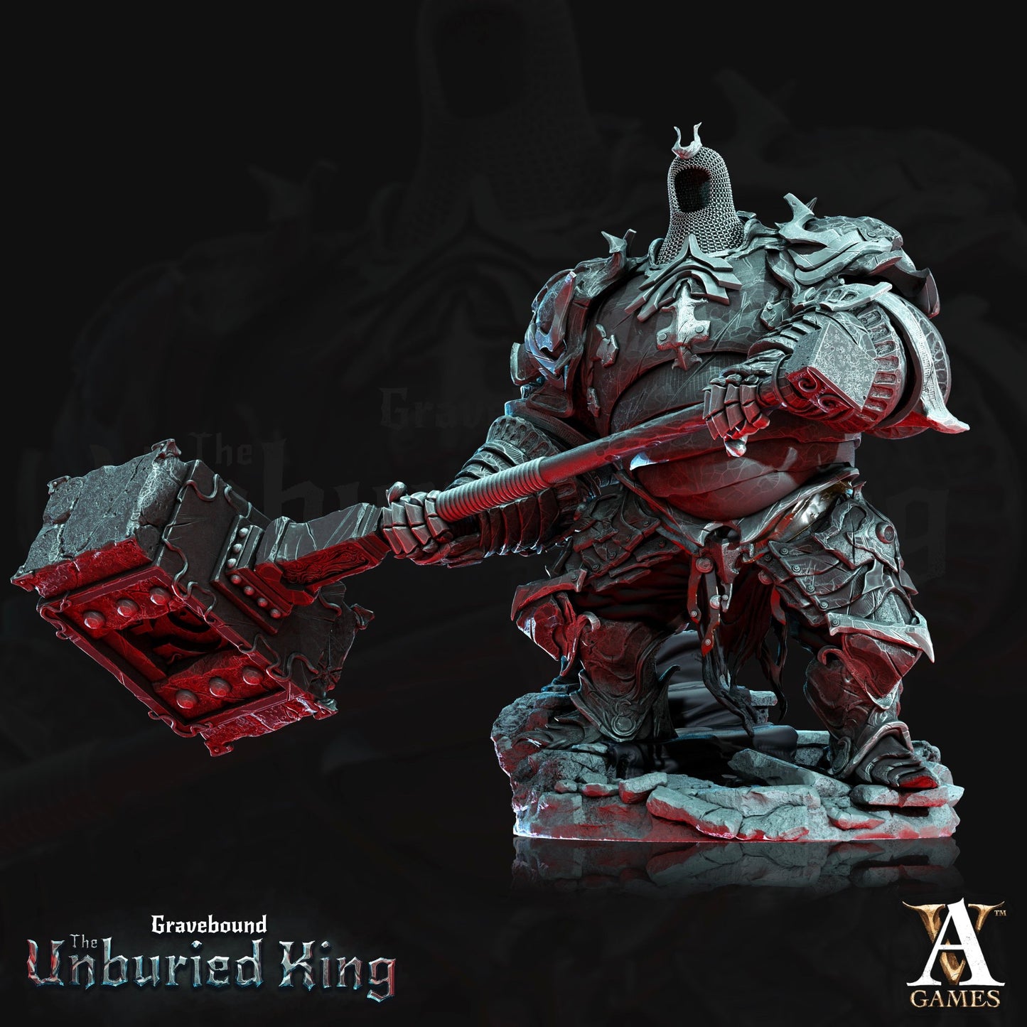 Arma Tenebris, a towering armor golem wielding a colossal spiked mace, standing on a detailed rubble-strewn base.