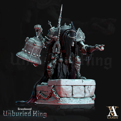 Fulgor Mortis, showcasing his bell and armor detailing. The flowing cape and cracked stone base add depth to this undead king's grim presence.