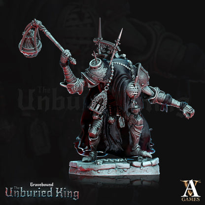 Fulgor Mortis depicted in a commanding stance with a massive bell raised high and adorned in decayed armor. Chains and intricate details enhance the dark fantasy vibe.