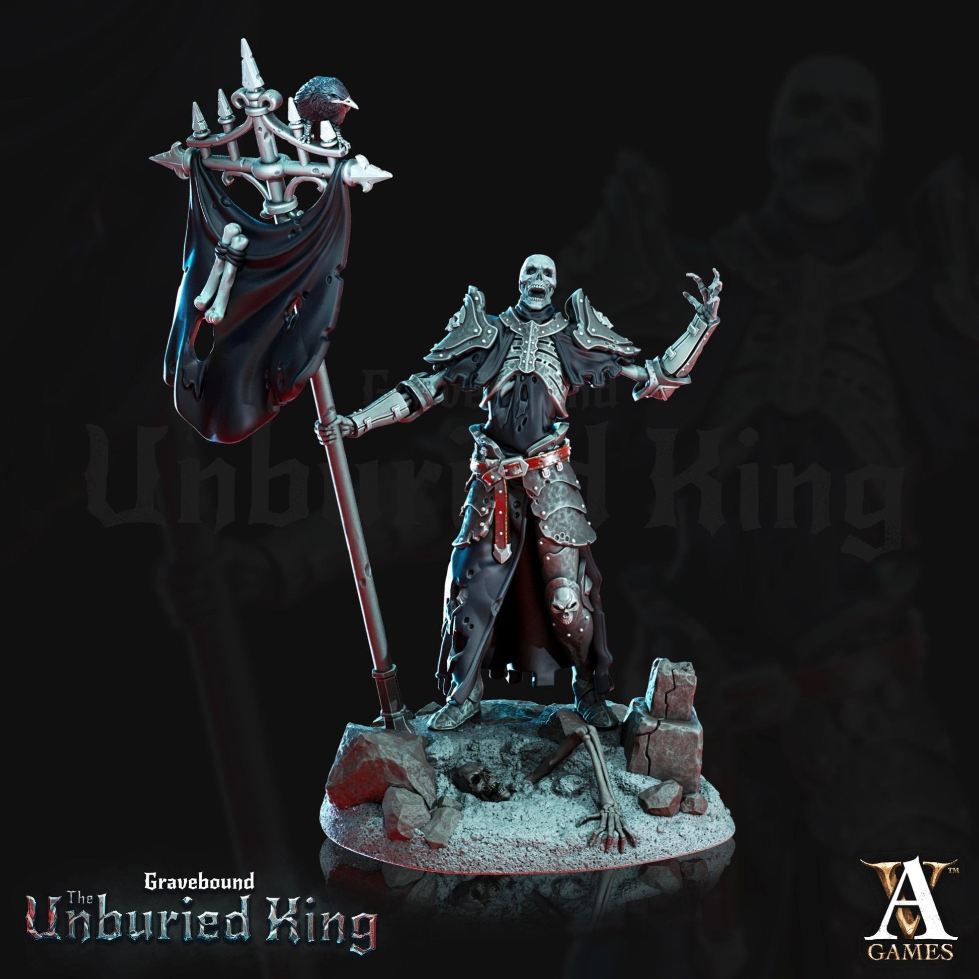 Undead Ossefacti banner bearer with a skeletal flagpole and raven perched atop, wearing tattered dark armor and standing on uneven stone ruins.