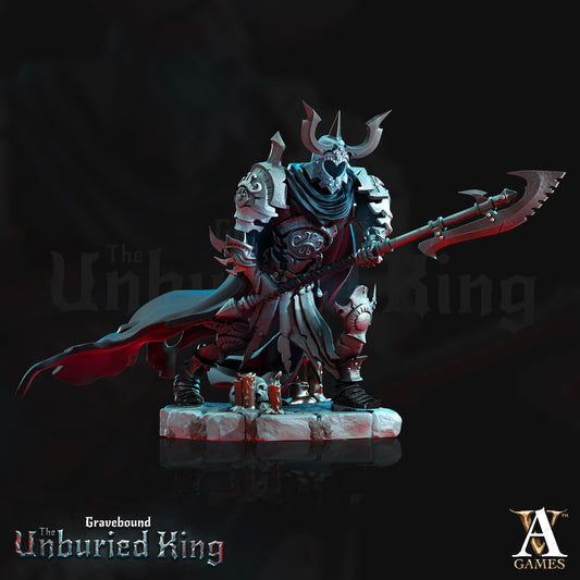 Tenebris Vessel, an armored undead knight with an ornate halberd, standing on a detailed base with gothic accents, draped in a dark cloak