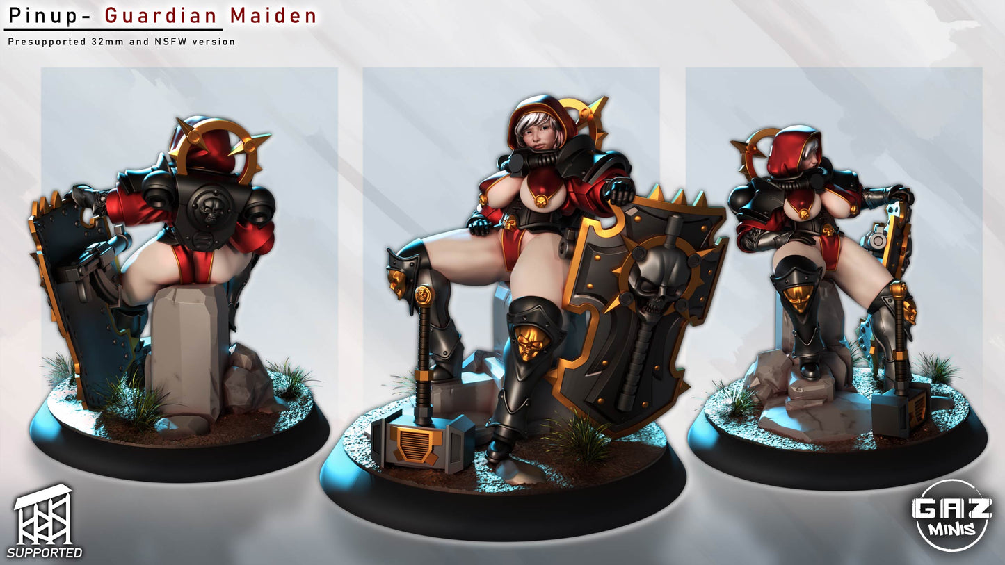 Guardian Maiden shown from back, front, and side in red and black armor, posed seated with base terrain and weapons.