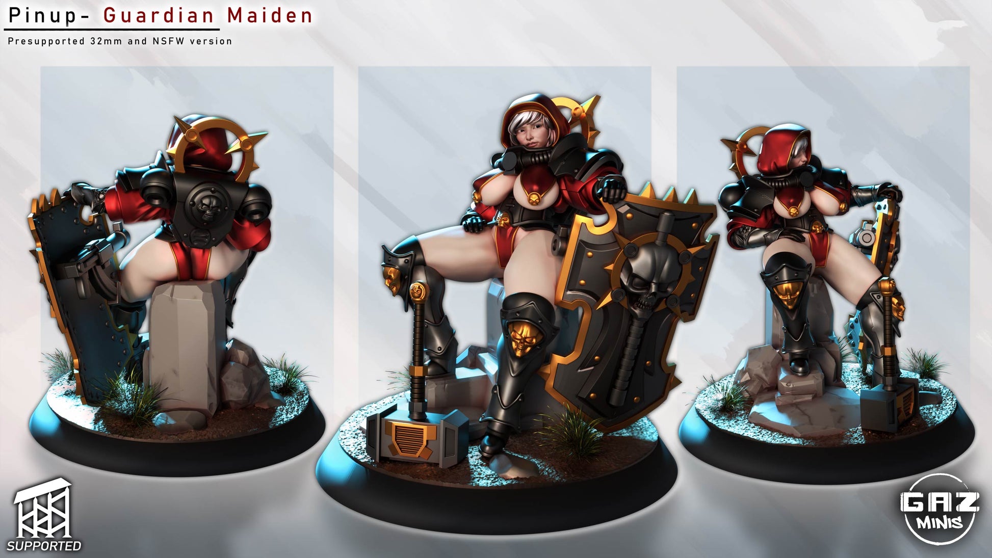 Guardian Maiden shown from back, front, and side in red and black armor, posed seated with base terrain and weapons.