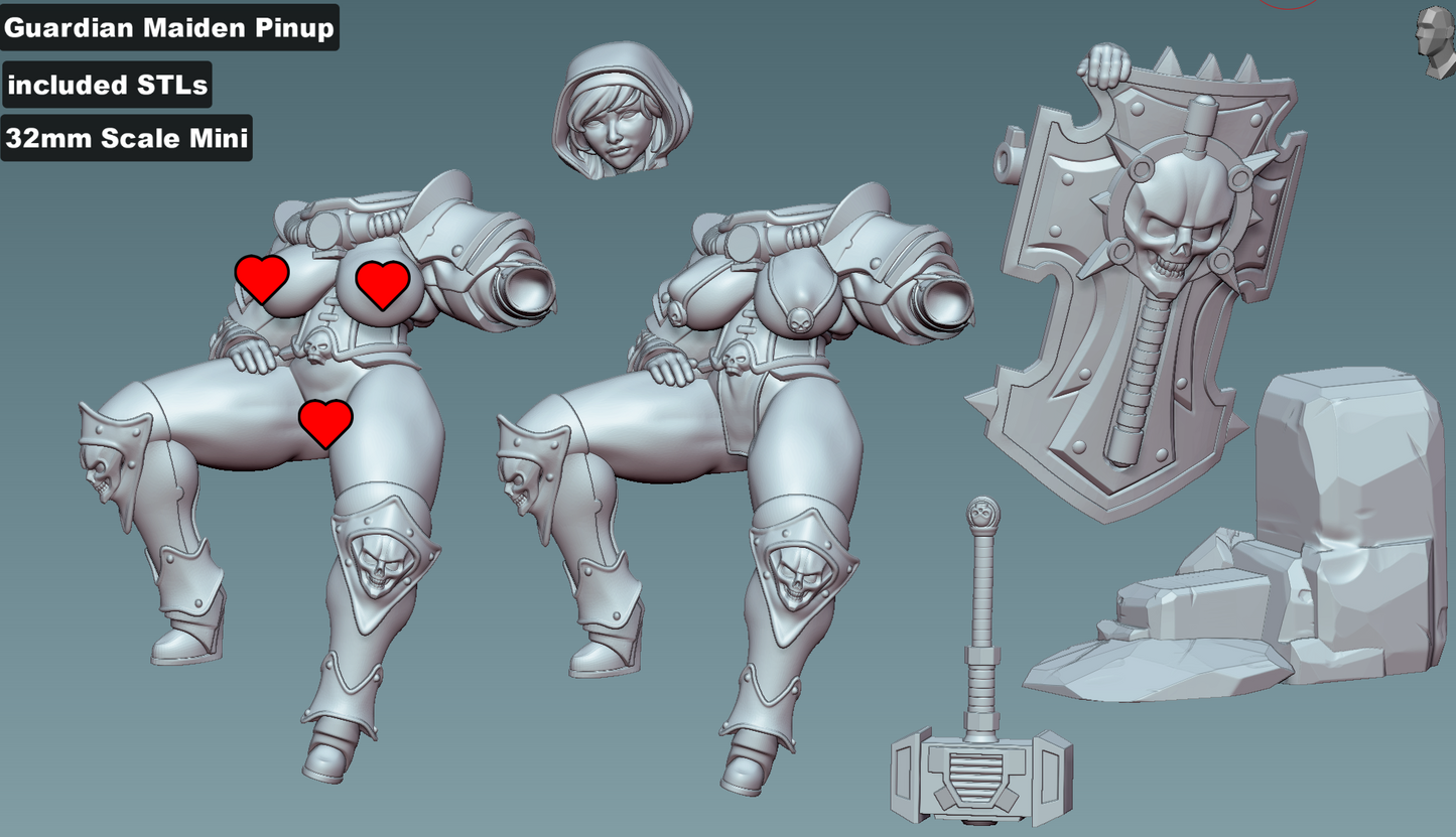 Three unpainted angles of the Guardian Maiden seated in armor, showcasing shield, mechanical details, and scenic base.