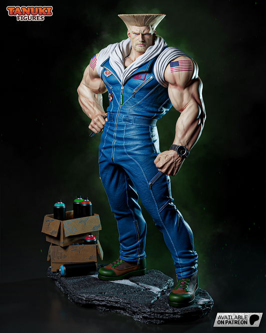 Guile full figure front pose with clenched fists and spray cans stacked on cracked asphalt base