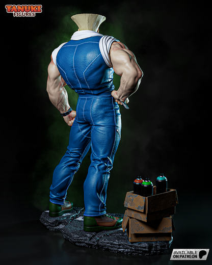 Guile full figure back view highlighting sculpted denim texture and folded arms stance

