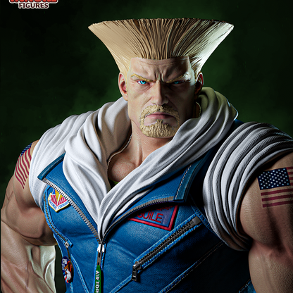 Guile front bust close-up showing detailed flattop hair, scowl, Air Force jacket, and USA patch