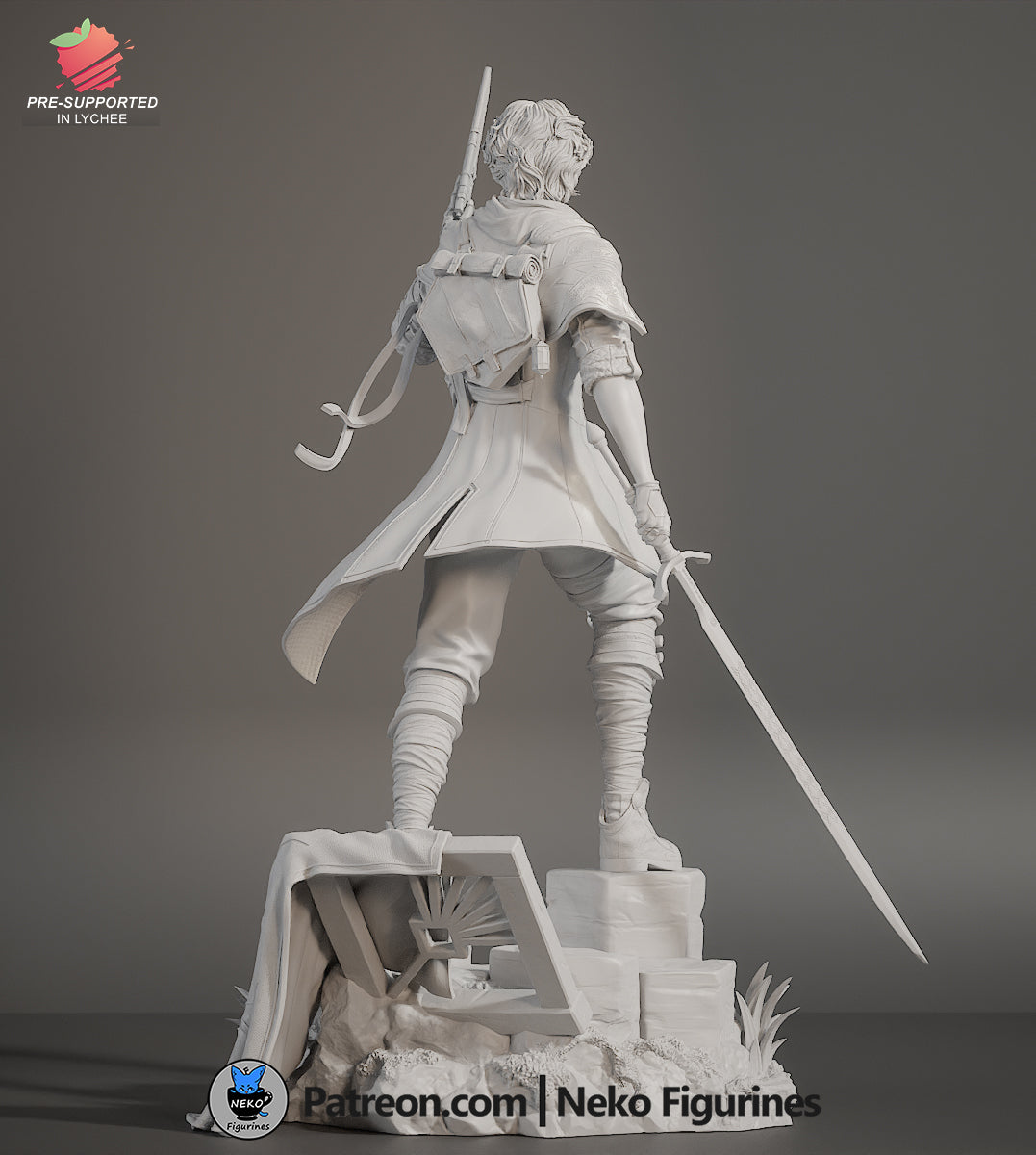 Rear view of Gustave Expedition 33 figure in 1:7 scale, displaying flowing coat, strapped satchel, long sword, and detailed base terrain.