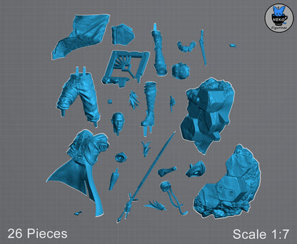 Assembly parts layout of Gustave Expedition 33 figure showing 26 separate pieces including torso, legs, weapons, rocky base, and accessories for detailed 1:7 scale construction.