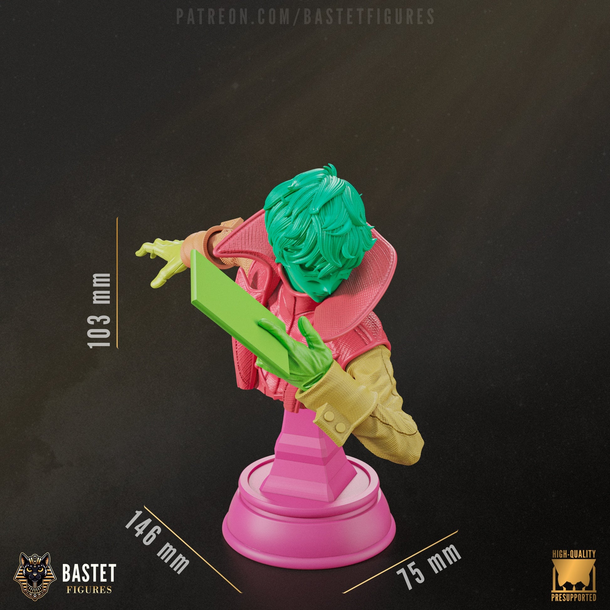 Colored render of Joker bust holding a card, wearing signature trench coat and scarf, on a stylized pink display base.