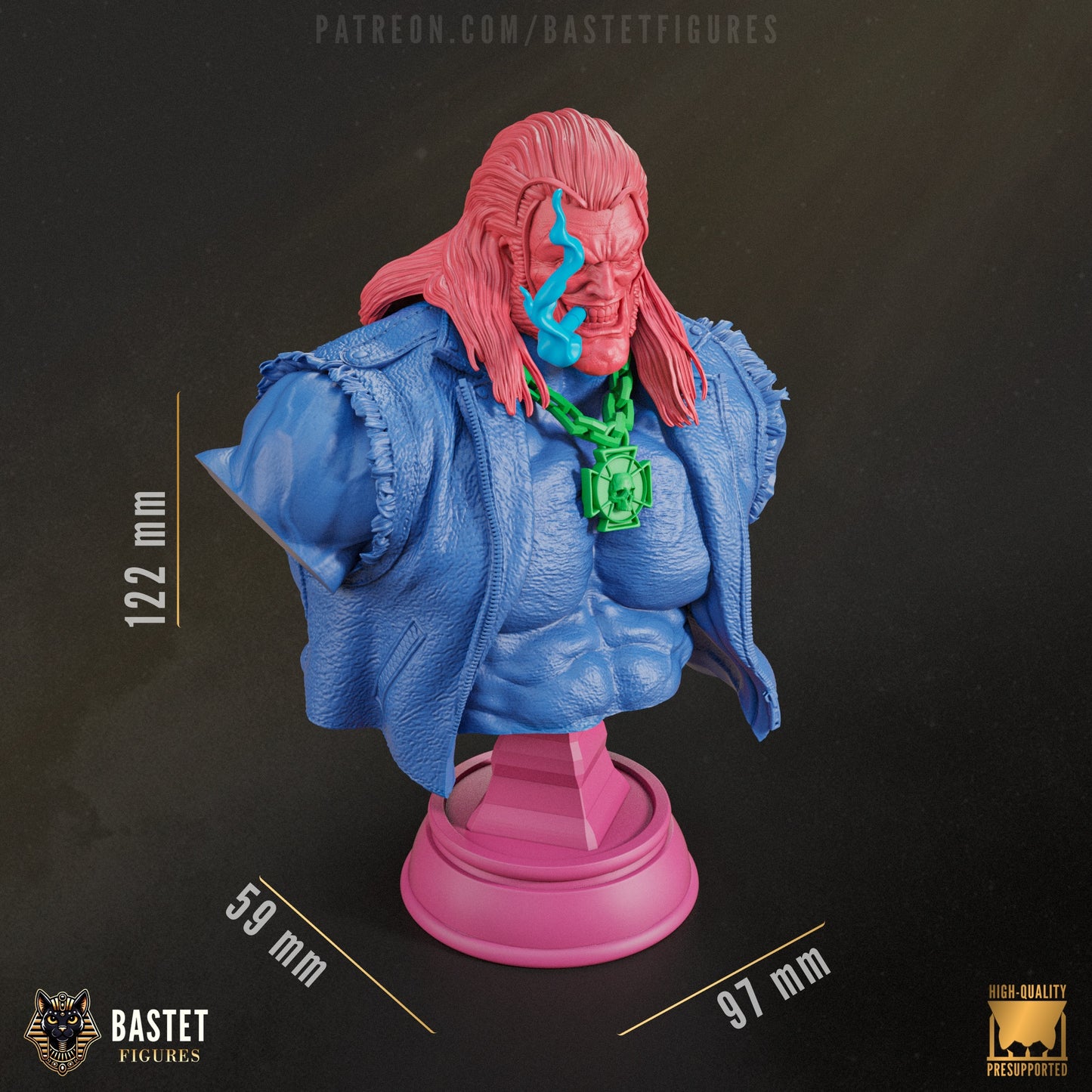 Painted bust of Lobo shown with blue skin, red eyes, smoke trail, and detailed textures on vest and chain.