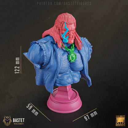 Painted bust of Lobo shown with blue skin, red eyes, smoke trail, and detailed textures on vest and chain.